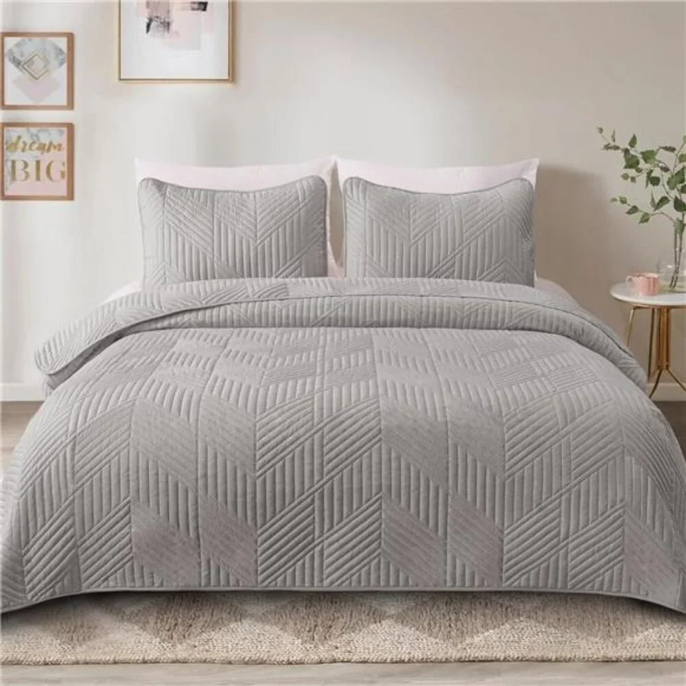 Ultrasonic Full Queen Quilt Bedding Set, Lightweight Light Grey Bedspreads